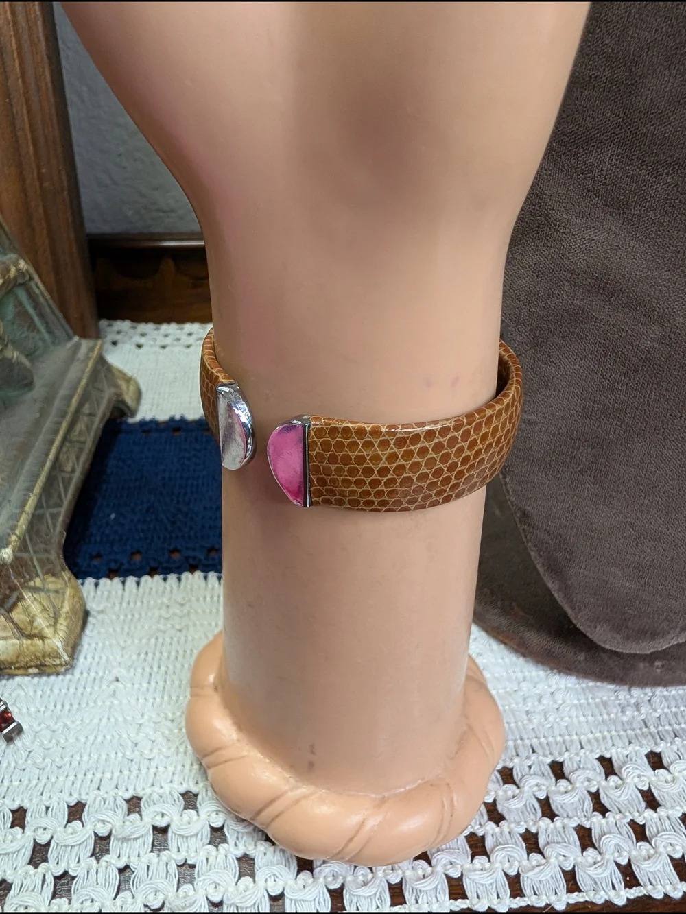 Geneva Silver-Tone Watch Orange Dial and Brown Leather Hinged Cuff Strap